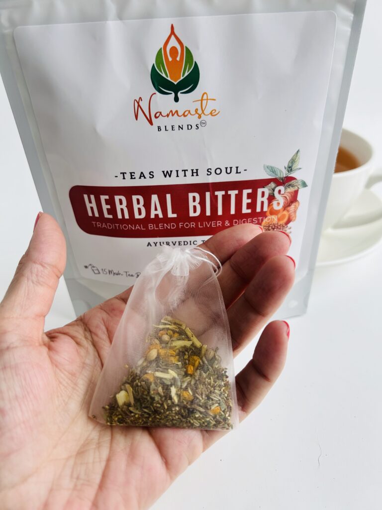 herbal bitters tea displayed in a minimalist setting with a white mug and neutral background, caffeine free herbal tea with visible dried roots and bitter botanicals, natural herbal blend designed for daily digestive wellness rituals and mindful living, cozy tea aesthetic, herbal tea for gut balance and routine support, wellness tea gift idea, tea presentation for self care and balanced lifestyle