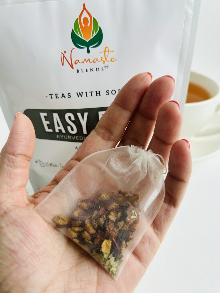 herbal tea bags for gentle balance displayed in a minimalist setting with a white mug and soft neutral tones, caffeine free herbal tea sachets with visible botanicals designed for daily wellness rituals and mindful living, natural tea bags for flow and comfort routine, cozy tea aesthetic, wellness tea for self care and balanced lifestyle, tea bags presentation for daily rituals and intentional living