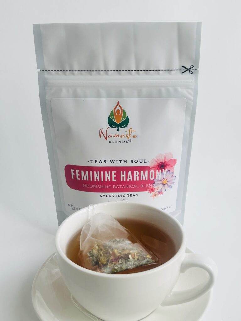herbal tea bags for feminine balance displayed in a minimalist setting with a white mug and soft neutral tones, caffeine free herbal tea sachets with visible botanicals designed for women’s wellness rituals and mindful living, floral herbal tea for daily self care routine, cozy tea aesthetic, herbal tea for balance and comfort lifestyle, wellness tea gift for women, tea bags presentation for calm and nurturing routine