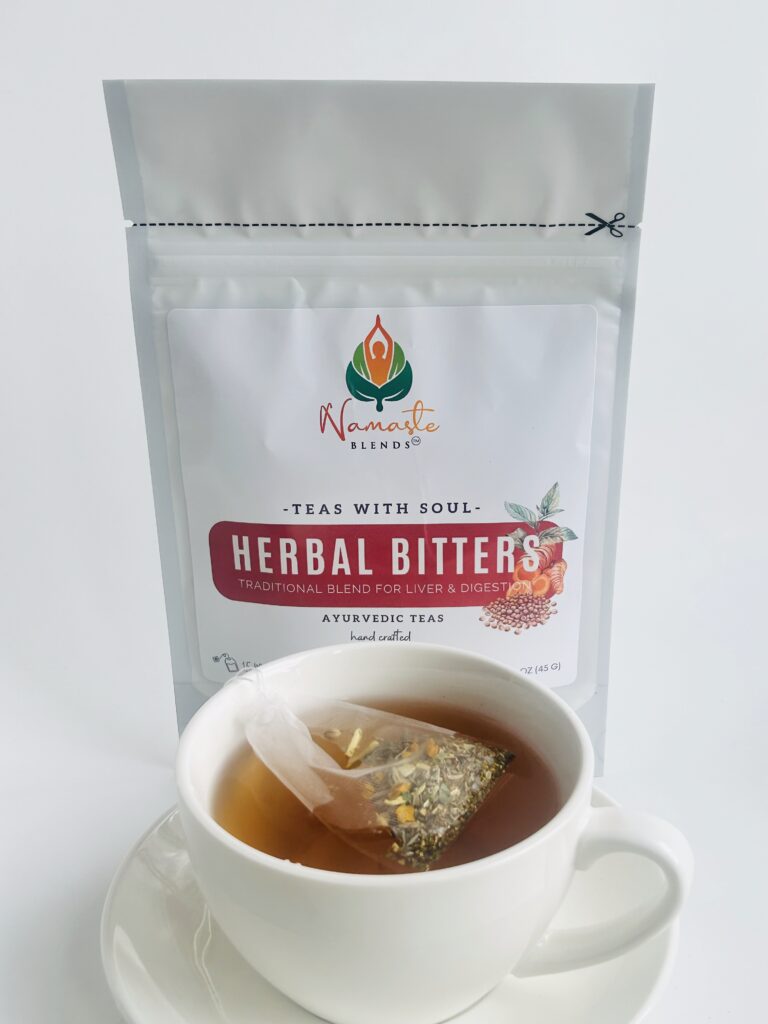 herbal bitters tea displayed in a minimalist setting with a white mug and neutral background, caffeine free herbal tea with visible dried roots and bitter botanicals, natural herbal blend designed for daily digestive wellness rituals and mindful living, cozy tea aesthetic, herbal tea for gut balance and routine support, wellness tea gift idea, tea presentation for self care and balanced lifestyle