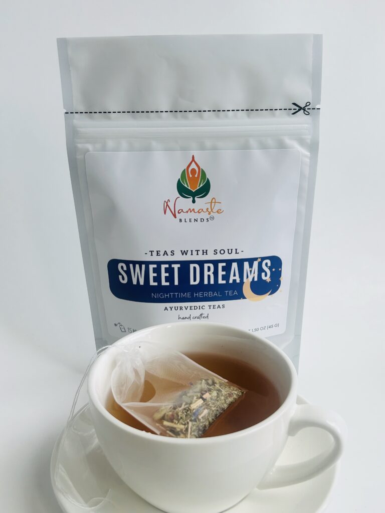 sweet dreams herbal tea bags displayed in a minimalist setting with a white mug and soft neutral tones, caffeine free herbal tea sachets with visible botanicals like chamomile and lemongrass, calming night blend designed for evening wellness rituals and mindful living, cozy tea aesthetic, herbal tea for relaxation and rest routine, wellness tea gift idea, tea bags presentation for self care and peaceful lifestyle