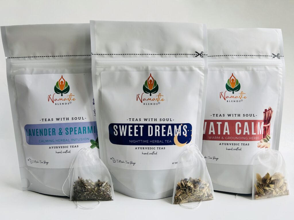 lavender spearmint herbal tea displayed in a minimalist setting with a white mug and soft neutral tones, organic caffeine free herbal tea with visible lavender buds and spearmint leaves, calming floral mint blend designed for daily wellness rituals and mindful living, cozy tea aesthetic, herbal tea for relaxation and balance, wellness tea gift idea, tea presentation for self care and peaceful lifestyle