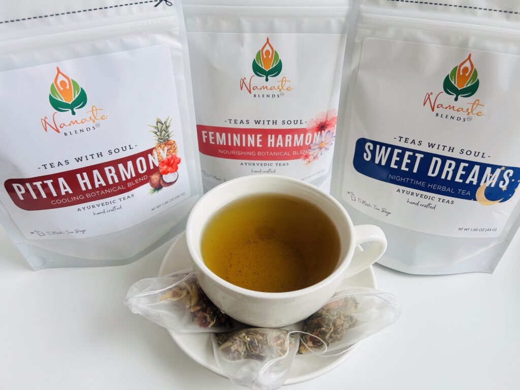 herbal tea bags for feminine balance displayed in a minimalist setting with a white mug and soft neutral tones, caffeine free herbal tea sachets with visible botanicals designed for women’s wellness rituals and mindful living, floral herbal tea for daily self care routine, cozy tea aesthetic, herbal tea for balance and comfort lifestyle, wellness tea gift for women, tea bags presentation for calm and nurturing routine