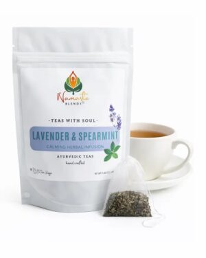 Herbal tea bags with lavender and spearmint displayed in a minimalist setup with a white mug and soft neutral tones, caffeine free herbal tea designed for calming daily rituals and relaxation routines, floral herbal tea sachets for evening wind down and mindful self care, cozy tea moment aesthetic, soothing tea for stress relief lifestyle, wellness tea gift idea, tea bags trio presentation for balanced and peaceful living