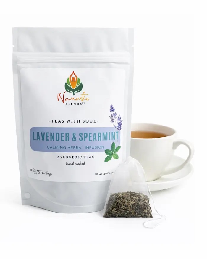 Herbal tea bags with lavender and spearmint displayed in a minimalist setup with a white mug and soft neutral tones, caffeine free herbal tea designed for calming daily rituals and relaxation routines, floral herbal tea sachets for evening wind down and mindful self care, cozy tea moment aesthetic, soothing tea for stress relief lifestyle, wellness tea gift idea, tea bags trio presentation for balanced and peaceful living