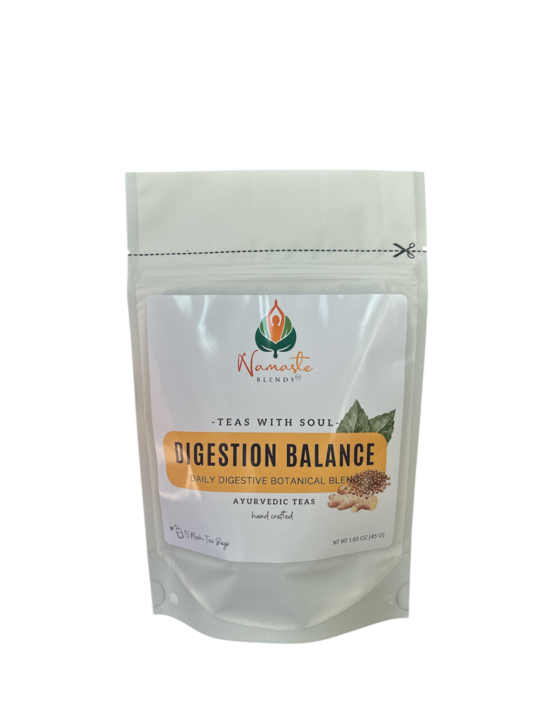 loose leaf herbal tea for digestion balance displayed in a minimalist setting with a white mug and neutral background, caffeine free herbal tea with visible dried roots and botanicals designed for daily digestive wellness rituals, natural loose leaf tea blend for after meal routine and mindful living, cozy tea aesthetic, herbal tea for gut balance and gentle support, wellness tea gift idea, loose leaf tea pouch presentation for self care and balanced lifestyle
