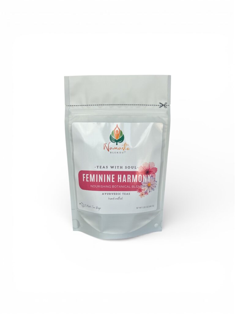 herbal tea bags for feminine balance displayed in a minimalist setting with a white mug and soft neutral tones, caffeine free herbal tea sachets with visible botanicals designed for women’s wellness rituals and mindful living, floral herbal tea for daily self care routine, cozy tea aesthetic, herbal tea for balance and comfort lifestyle, wellness tea gift for women, tea bags presentation for calm and nurturing routine