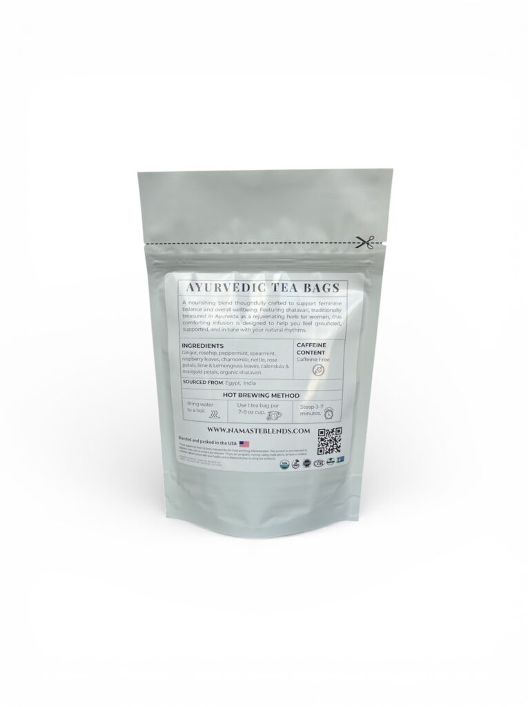 herbal tea for feminine balance displayed in a minimalist setting with a white mug and soft neutral tones, caffeine free herbal tea sachets with visible botanicals designed for women’s wellness rituals and mindful living, floral herbal tea for daily self care routine, cozy tea aesthetic, herbal tea for balance and comfort lifestyle, wellness tea gift for women, tea bags presentation for calm and nurturing routine