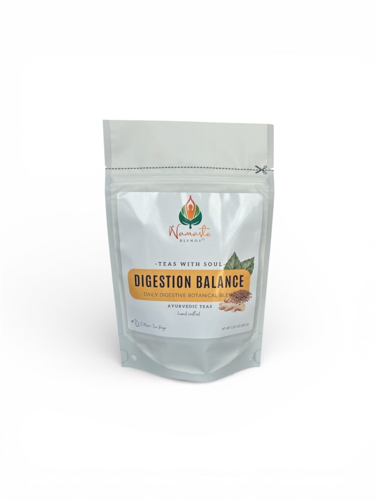herbal tea bags for digestion balance displayed in a minimalist setting with a white mug and neutral background, caffeine free herbal tea sachets with visible botanicals designed for daily digestive wellness rituals, natural tea bags for after meal routine and mindful living, cozy tea aesthetic, herbal tea for gut balance and gentle support, wellness tea gift idea, tea bags presentation for self care and balanced lifestyle