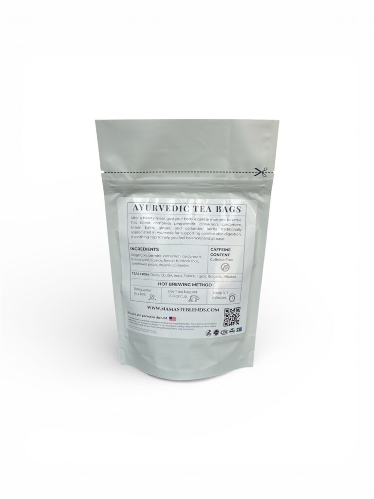 loose leaf herbal tea for digestion balance displayed in a minimalist setting with a white mug and neutral background, caffeine free herbal tea with visible dried roots and botanicals designed for daily digestive wellness rituals, natural loose leaf tea blend for after meal routine and mindful living, cozy tea aesthetic, herbal tea for gut balance and gentle support, wellness tea gift idea, loose leaf tea pouch presentation for self care and balanced lifestyle