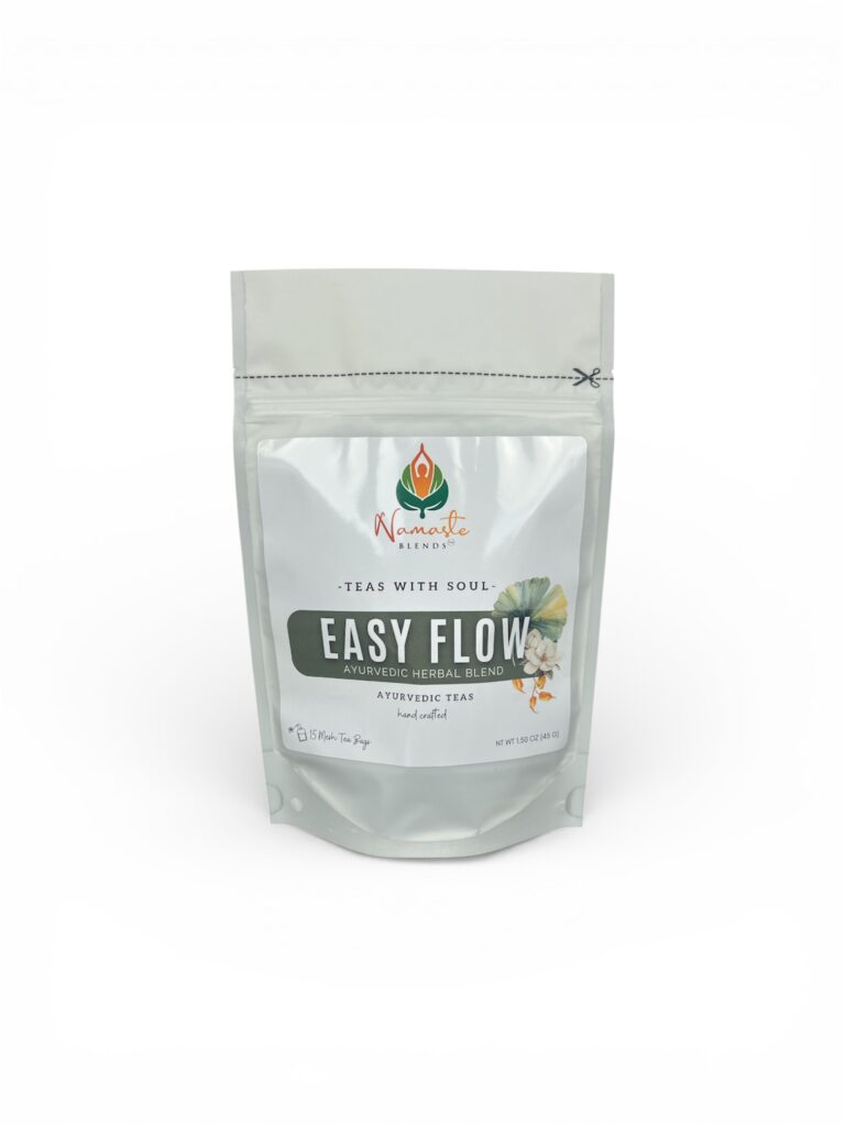 herbal tea for gentle balance displayed in a minimalist setting with a white mug and soft neutral tones, caffeine free herbal tea with visible botanicals designed for daily wellness rituals and mindful living, natural herbal tea for flow and comfort routine, cozy tea aesthetic, wellness tea for self care and balanced lifestyle, tea pouch or tea bags presentation for daily rituals