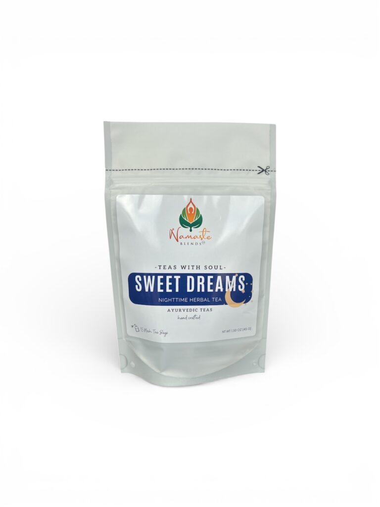 sweet dreams herbal tea bags displayed in a minimalist setting with a white mug and soft neutral tones, caffeine free herbal tea sachets with visible botanicals like chamomile and lemongrass, calming night blend designed for evening wellness rituals and mindful living, cozy tea aesthetic, herbal tea for relaxation and rest routine, wellness tea gift idea, tea bags presentation for self care and peaceful lifestyle