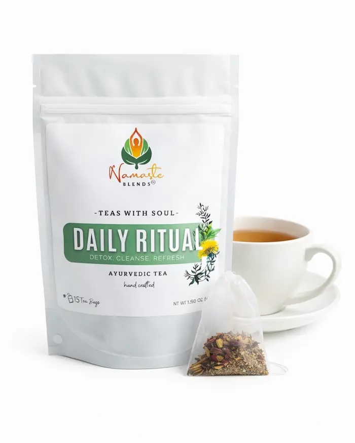 Herbal tea bags for daily wellness rituals displayed in a minimalist setup with a white mug and neutral background, caffeine free herbal tea designed for gentle daily detox and balance routine, natural herbal tea sachets for mindful living and grounding habits, cozy tea moment aesthetic, wellness tea gift idea, tea bags trio presentation for self care and everyday routine support, calming herbal tea for morning or evening ritual