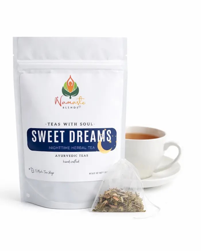 Herbal tea bags for sleep and relaxation displayed in a minimalist setup with a white mug and soft neutral tones, caffeine free herbal tea designed for nighttime rituals and calming routines, soothing herbal tea sachets for evening wind down and restful moments, cozy tea aesthetic, bedtime tea for relaxation and gentle support, wellness tea gift idea, tea bags trio presentation for self care and peaceful living