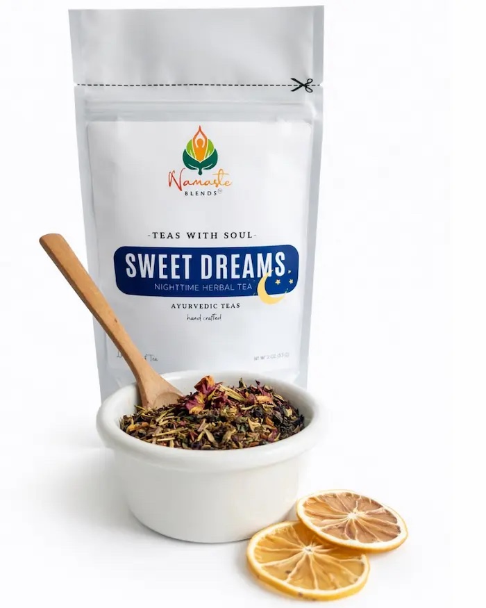 Loose leaf herbal tea for sleep and relaxation displayed in a minimalist setting with a white mug and soft neutral tones, caffeine free herbal tea with visible dried botanicals designed for nighttime rituals and calming routines, soothing loose leaf tea blend for evening wind down and restful moments, cozy tea aesthetic, bedtime herbal tea for relaxation lifestyle, wellness tea gift idea, loose leaf tea pouch presentation for peaceful self care and balanced living