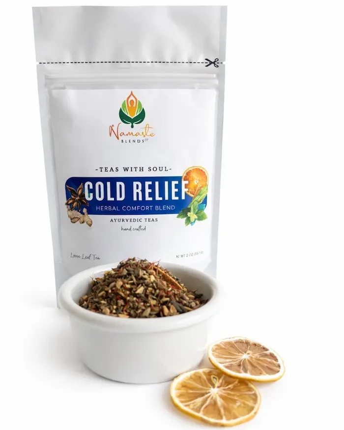 Herbal tea bags for cold season support displayed in a minimalist setup with a white mug and neutral background, caffeine free herbal tea designed for soothing daily wellness rituals during seasonal changes, comforting herbal tea sachets for cozy routines and throat comfort, warm tea moment aesthetic, tea bags for immune support lifestyle, wellness tea gift idea, tea bags trio presentation for self care and seasonal balance