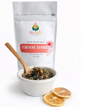 Loose leaf herbal tea for feminine balance displayed in a minimalist setting with a white mug and soft neutral tones, caffeine free herbal tea with visible dried botanicals designed for women’s daily wellness rituals, floral loose leaf tea blend for mindful self care and gentle routine support, cozy tea aesthetic, herbal tea for relaxation and balance lifestyle, wellness tea gift for women, loose leaf tea pouch presentation for calm and nurturing daily habits