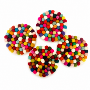 floral felt ball coasters soft pom pom coasters set of 4 colorful flower coaster set tea cup coaster cozy tea setup table decor tea accessory soft coaster set for mugs handmade style coaster aesthetic tea ritual decor home decor tea lovers gift soft felt coaster set