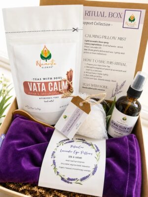 self care gift box displayed in a minimalist setting with a white mug and soft neutral tones, curated wellness set featuring herbal tea bags, lavender eye pillow, pillow mist, magnesium bath flakes and wooden spoon, calming spa gift aesthetic, relaxation gift box for stress relief and mindful living, cozy self care ritual set, wellness gift presentation for comfort and peaceful lifestyle