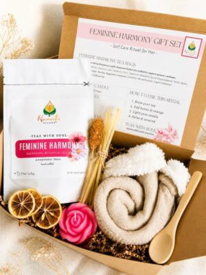 feminine support gift box displayed in a minimalist setting with a white mug and soft neutral tones, curated self care set featuring herbal tea bags, candle, cozy socks and sugar sticks, calming wellness box for women, relaxation gift aesthetic, cozy self care ritual set for comfort and balance, wellness gift presentation for nurturing routine and mindful living