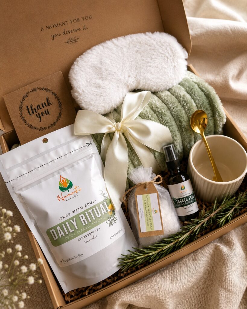 Botanical Reset Gift Box featuring Daily Ritual Herbal Tea, cozy blanket, eye mask, magnesium bath flakes, pillow mist, honey stick, ceramic tea cup, and wellness accessories by Namaste Blends.